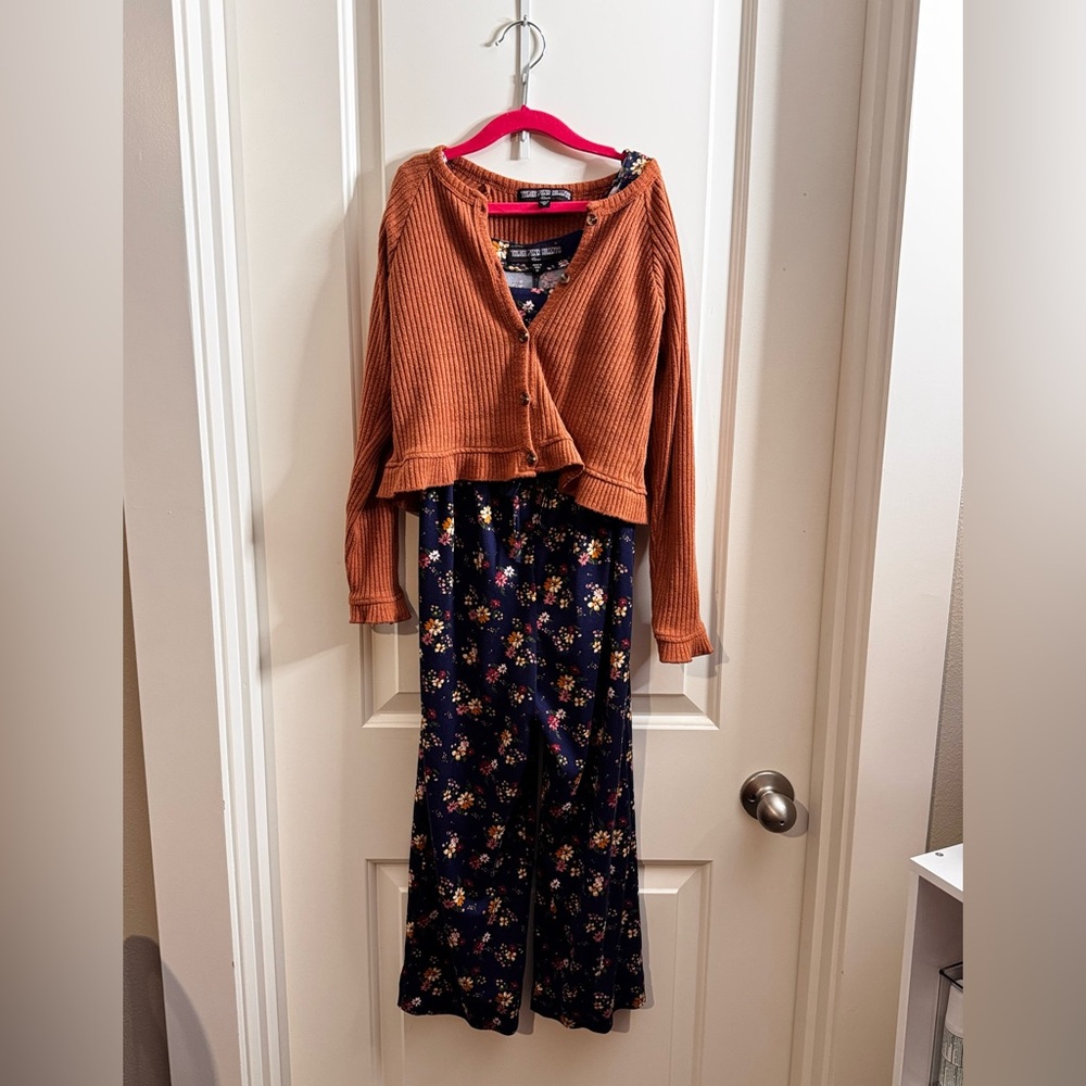Three Hearts Rust Cardigan and Floral Jumpsuit girl’s medium.